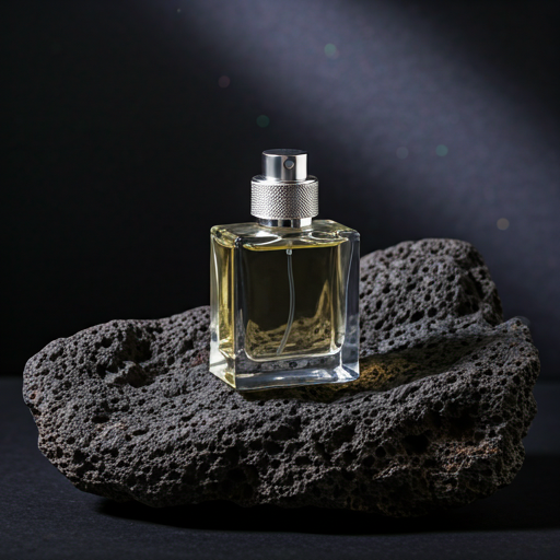 Minimalist square perfume bottle resting on a raw, jagged volcanic rock, dark studio lighting with celestial glow