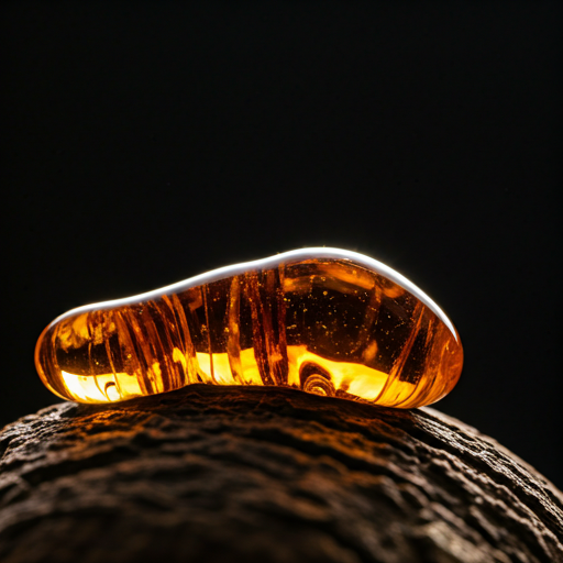 Macro shot of dark golden resinous tree sap with light trapped inside