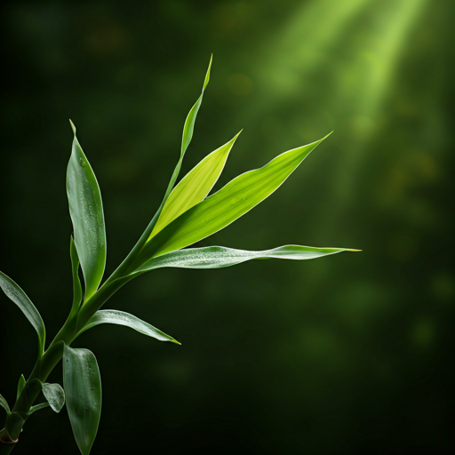 Professional macro photography of lush green bamboo stalks with morning dew