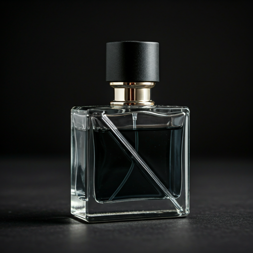 Asymmetrical modern glass perfume bottle with charcoal liquid