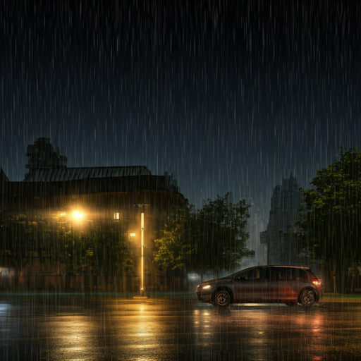 Artistic close-up of heavy rain falling on a luxury urban boulevard at night
