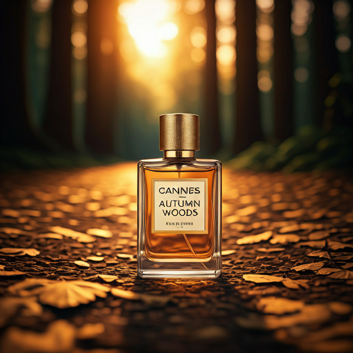 Commercial shot of a warm, amber-hued perfume bottle labeled CANNES - AUTUMN WOODS resting on a golden carpet of autumn leaves in a Mediterranean forest