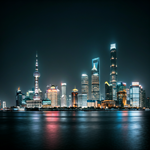The rainy, neon-lit Shanghai Pudong skyline at midnight with the Bund in the foreground