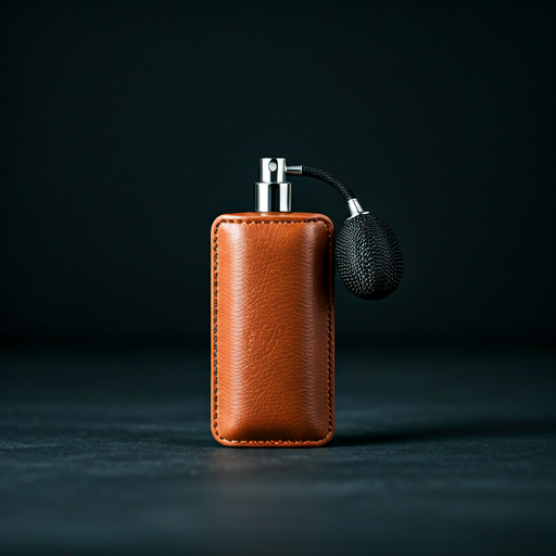 Professional shot of a travel size perfume atomizer in a luxurious leather case