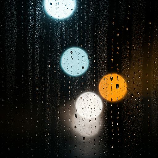 Professional photography of rain droplets on textured glass pane at night