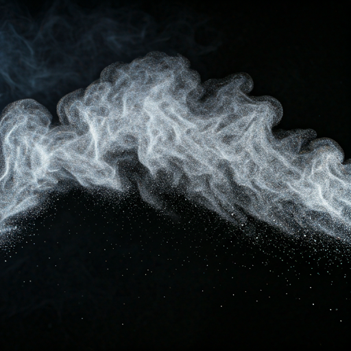 Abstract glowing white mist and fine iridescent powder on black background