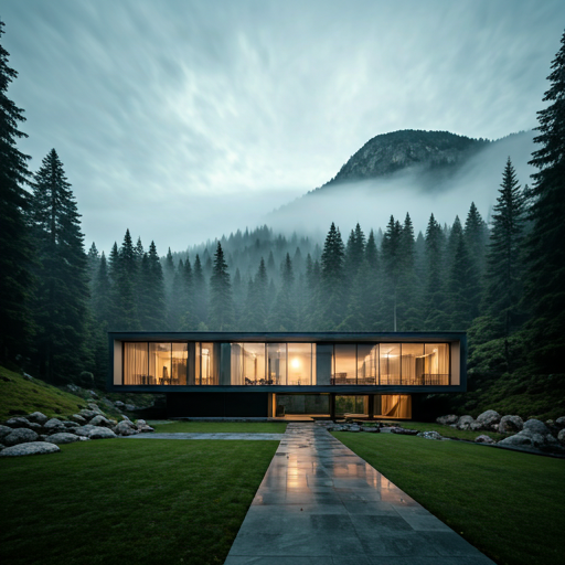 High-end editorial shot of minimalist modern architecture surrounded by lush mountain mist