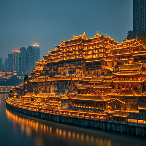 Dramatic 8K view of Hongya Cave in Chongqing at dusk, with its complex tiered architecture glowing with orange lights against the deep blue misty sky and river
