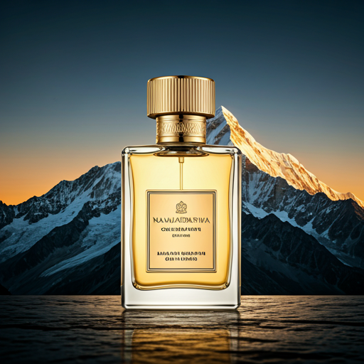 High-end luxury perfume bottle for 'Namjagbarwa - Golden Mountain', gold-tinted glass bottle, reflecting the 'Golden Mountain' sunset light, background of a sharp snow peak glowing in gold