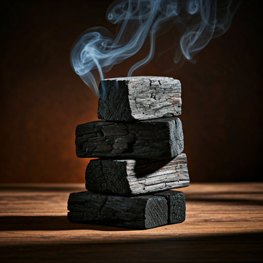 High-quality 8K commercial product shot of charred cedarwood blocks used as a scent base, dramatic shadows and smoke