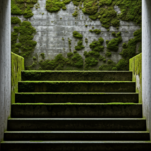 Brutalist concrete architecture with moss