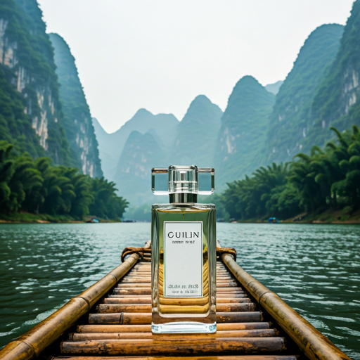 A tall, elegant perfume bottle with 'GUILIN - RIVER MIST' on the label, positioned on a bamboo raft on the Li River, surrounded by karst mountains shrouded in mist