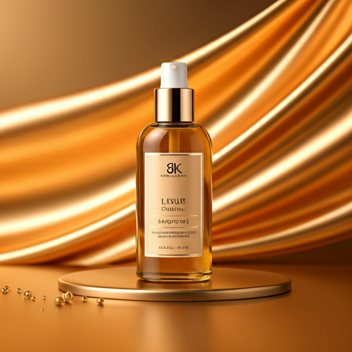 8K quality professional shot of a luxury body oil bottle with a silky golden texture