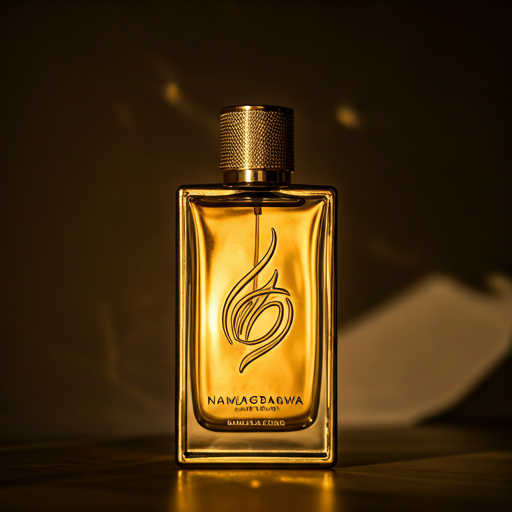 Gold-tinted NAMJAGBARWA perfume bottle in dawn light