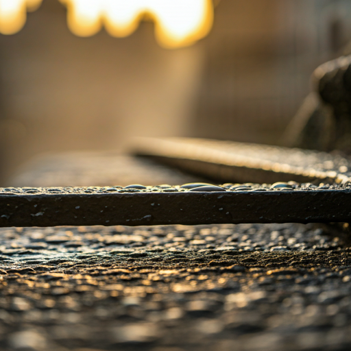 Macro 8K photography of heavy river mist clinging to industrial metal and wet stone at dawn, cold and atmospheric