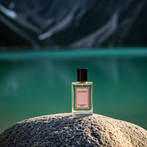 Luxury perfume bottle labeled JIUZHAI - STRAWBERRY on a smooth stone at the edge of a turquoise alpine lake at dawn