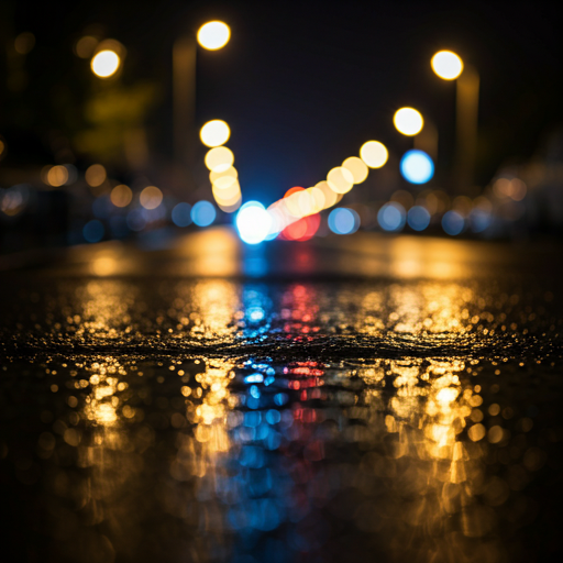Macro shot of wet asphalt reflecting urban lights
