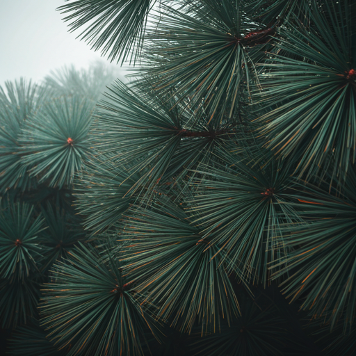 Dramatic shot of ancient pine needles against mist