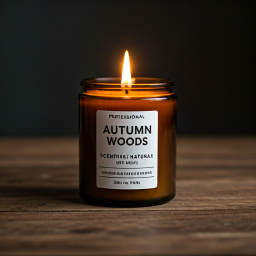 Professional commercial shot of Autumn Woods scented candle in amber glass with warm flickering flame