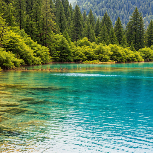 Ethereal morning mist rising from the turquoise multicolored lakes of Jiuzhaigou
