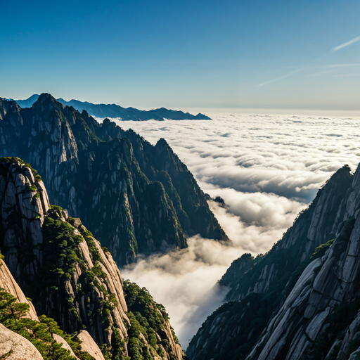 Breathtaking Huangshan peaks emerging from cloud sea, high contrast