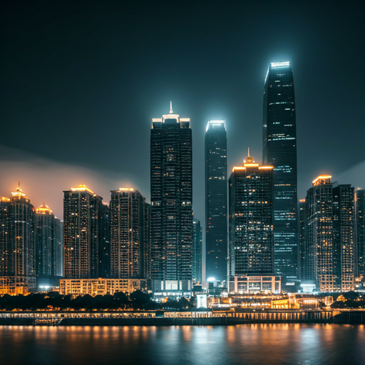 Mist covered skyscrapers of Chongqing at night