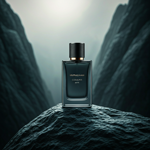 Sleek dark glass perfume bottle HUANGSHAN - CLOUD PINE on a granite peak in mist