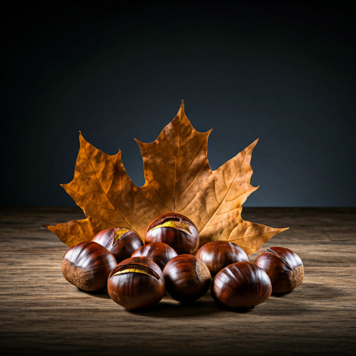 Macro professional shot of roasted chestnuts and fallen maple leaves with cinematic lighting