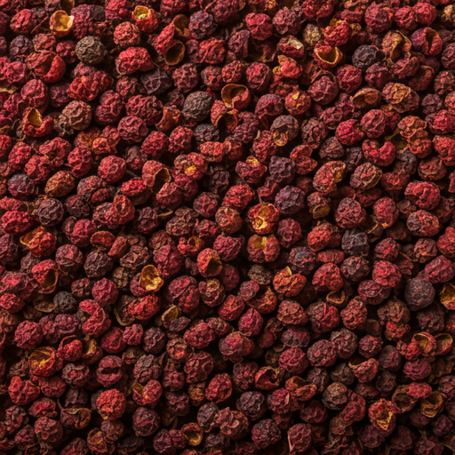Macro 8K professional shot of dried red Szechuan peppercorns showing intricate textures and husks