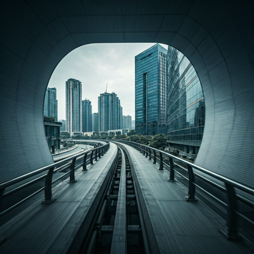 Professional architectural detail of a monorail track curving through a modern building in Chongqing, high contrast metallic textures