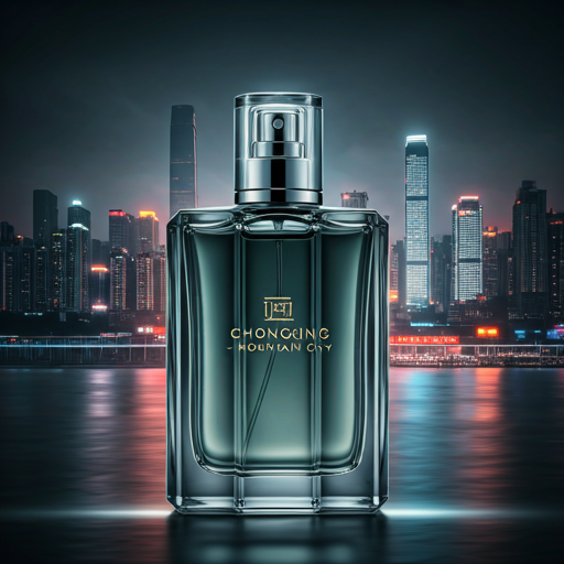 High-end 8K commercial photography of a sharp asymmetric glass perfume bottle with 'CHONGQING - MOUNTAIN CITY' elegantly printed on the label. The bottle contains a dark mineral-toned liquid and is set against a blurred, dramatic background of Chongqing's vertical skyscrapers, neon monorail lights, and heavy river mist at dusk.