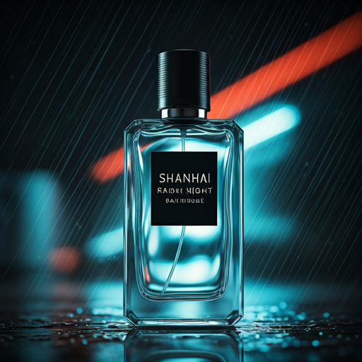 Sleek architectural perfume bottle for SHANGHAI - RAIN NIGHT reflecting city neon lights